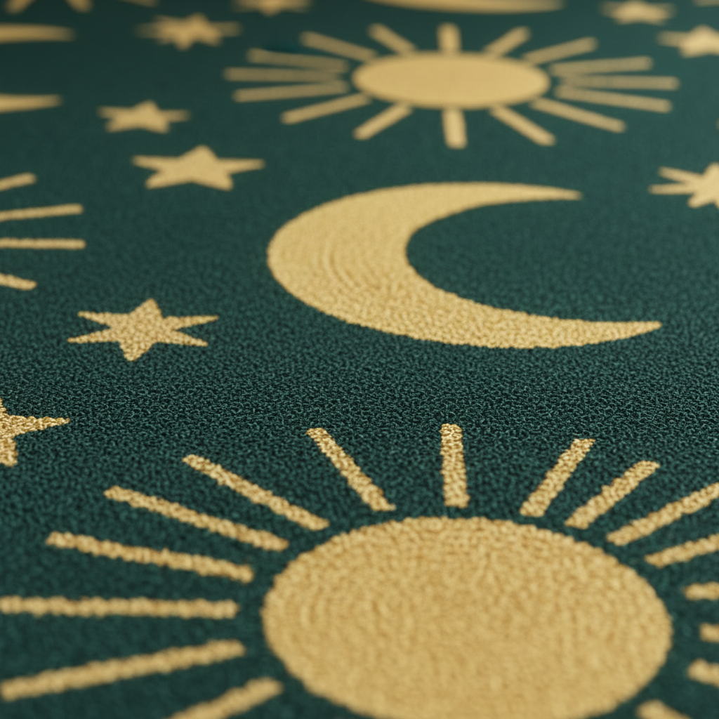 Close-up of a dark teal textured surface with a repeating pattern of gold celestial motifs, including crescent moons, stars, and suns.