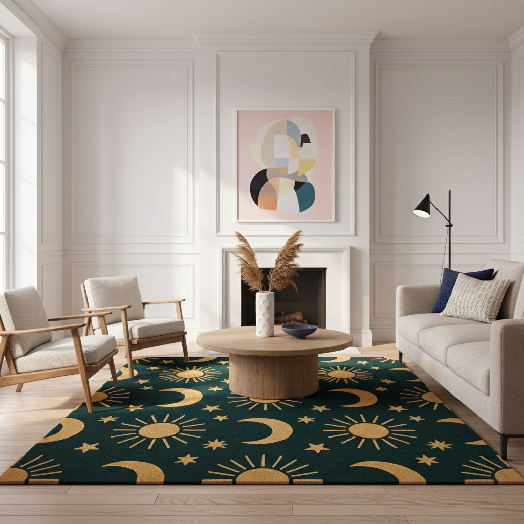 A large area rug with a gold sun and moon and star pattern on a dark teal background, styled in a bright, modern living room with a round wooden coffee table, two mid-century modern armchairs, a light beige sofa, and a minimalist abstract painting on the wall.