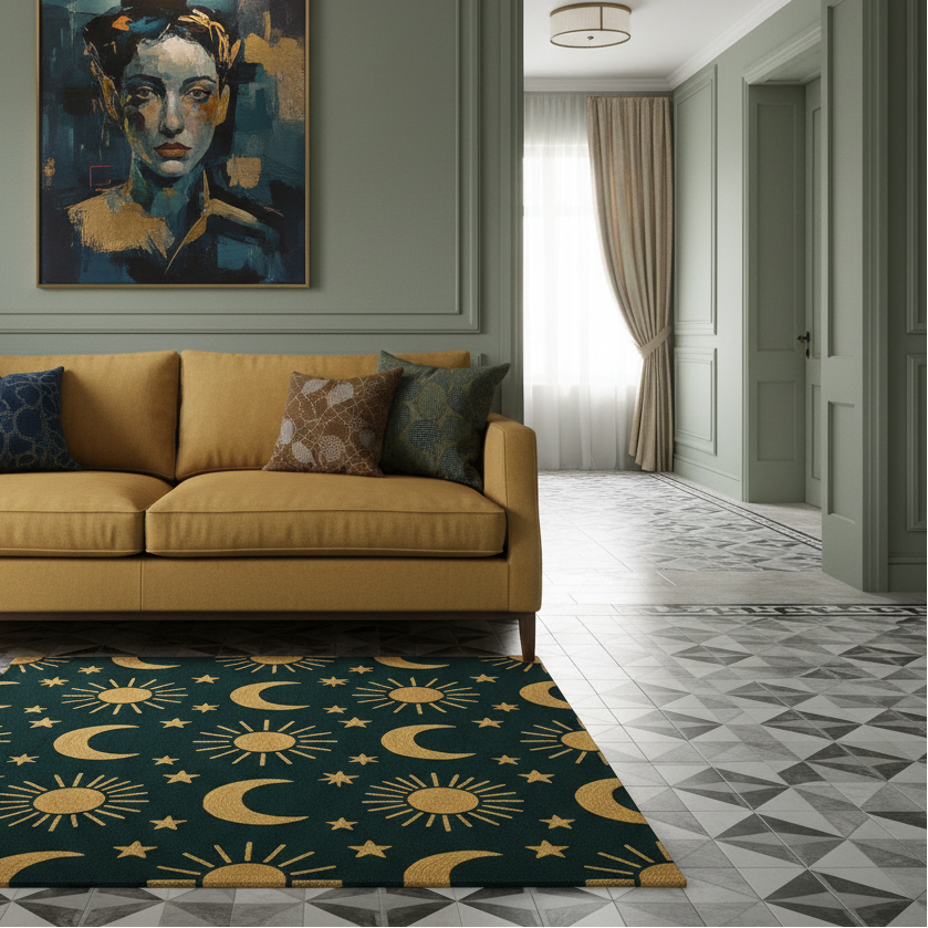 Sun Stars & Moon Square Hand Tufted Wool Rug