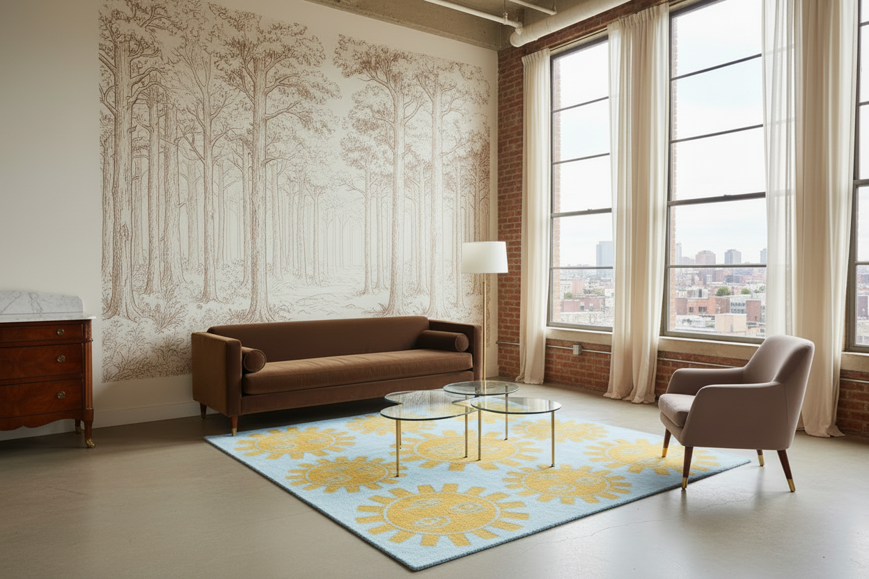 Modern living room with a brown sofa, armchair, and decorative rug featuring sun designs.