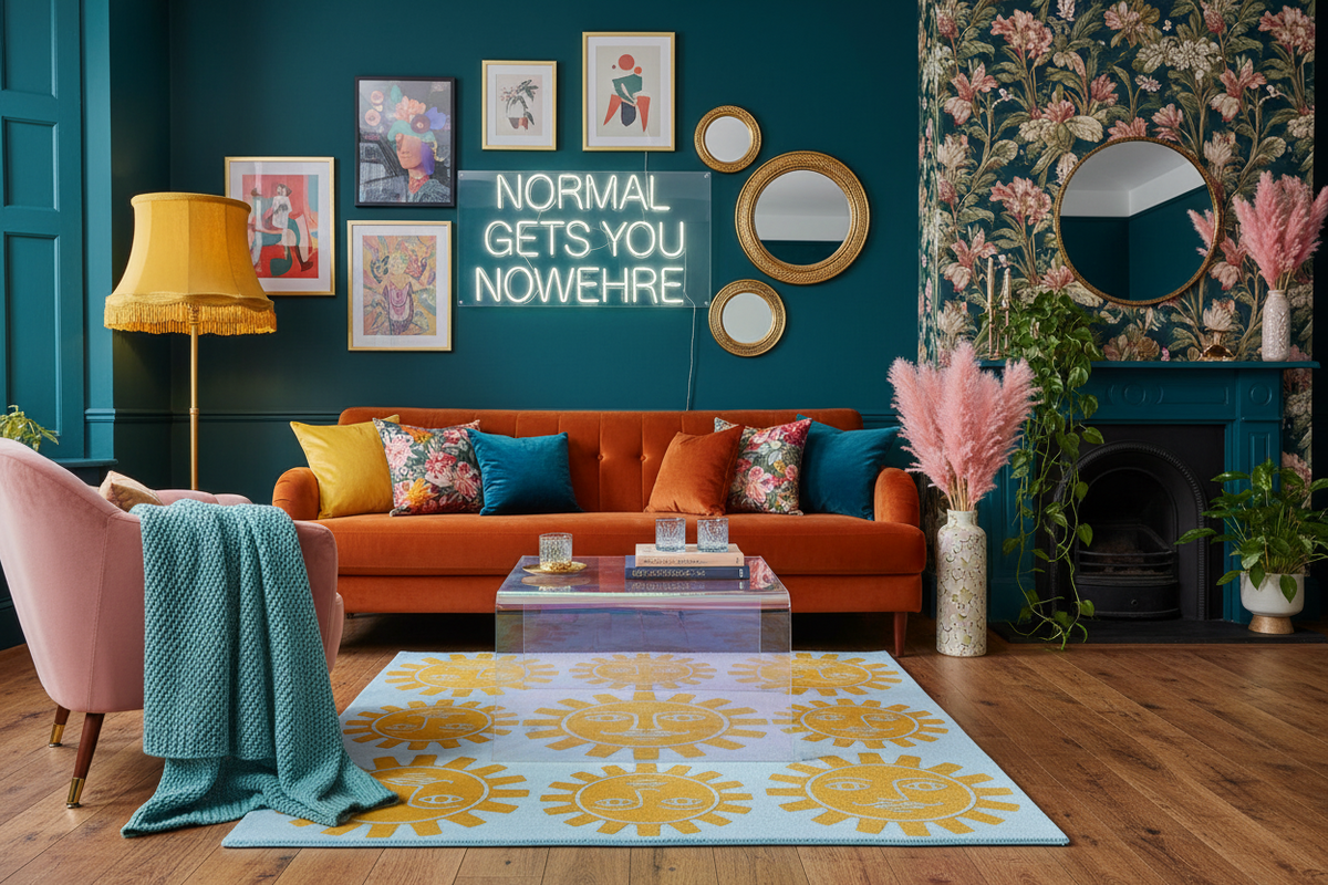 Modern living room with orange sofa, pink armchair, sun rug, and decorative elements.