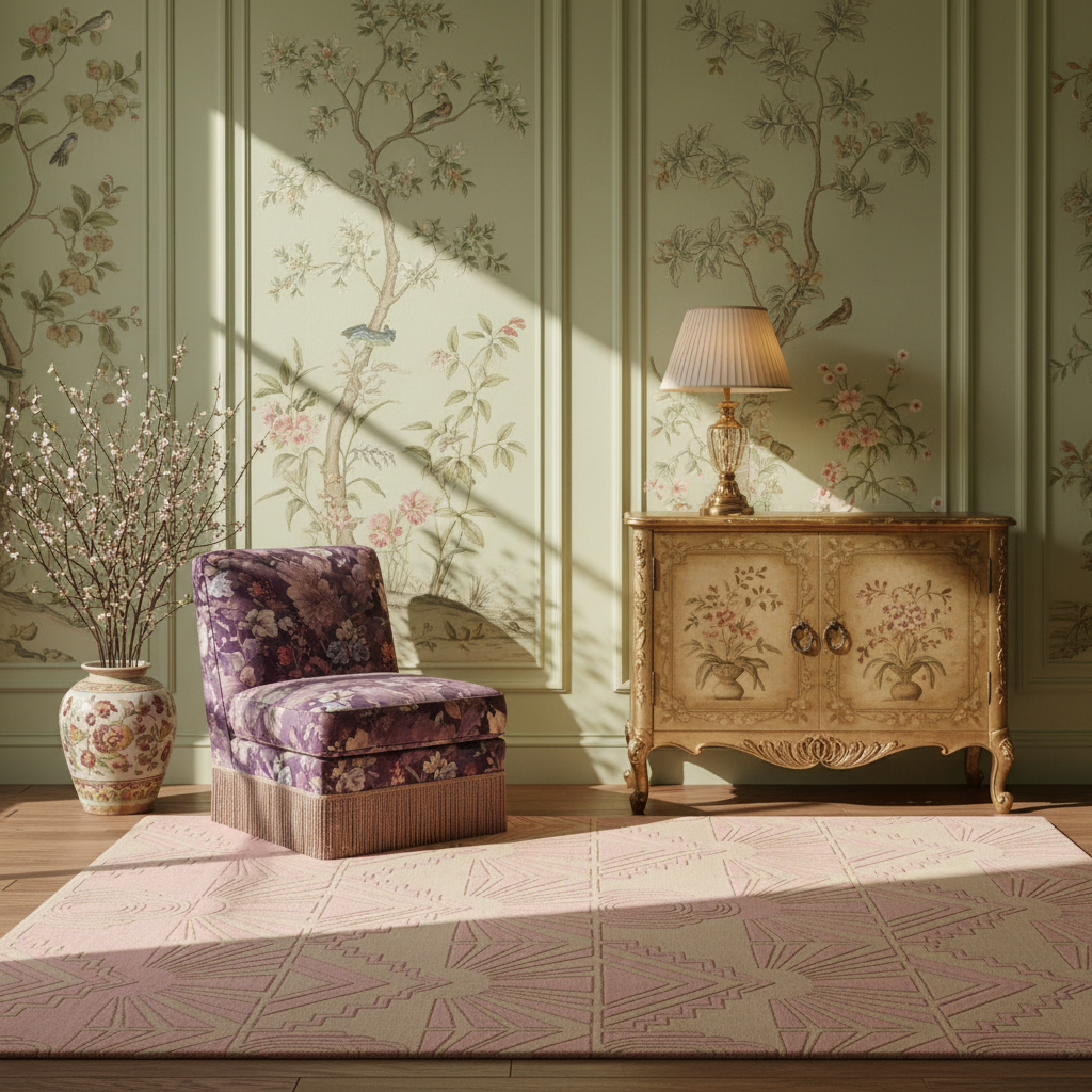A styled interior scene with a purple floral upholstered armchair and ottoman on a pale pink patterned rug, beside a carved gold sideboard with a lamp, against pale green floral wallpaper with paneling.