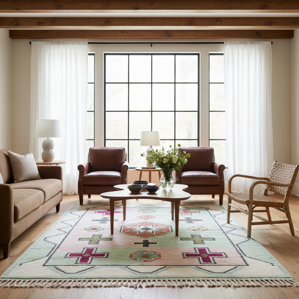 A styled living room featuring a large southwestern-style area rug with a geometric pattern in sage green, pink, and cream. The rug is styled with a wooden coffee table, two brown leather armchairs, a beige sofa, and white sheer curtains in front of a multi-pane window.