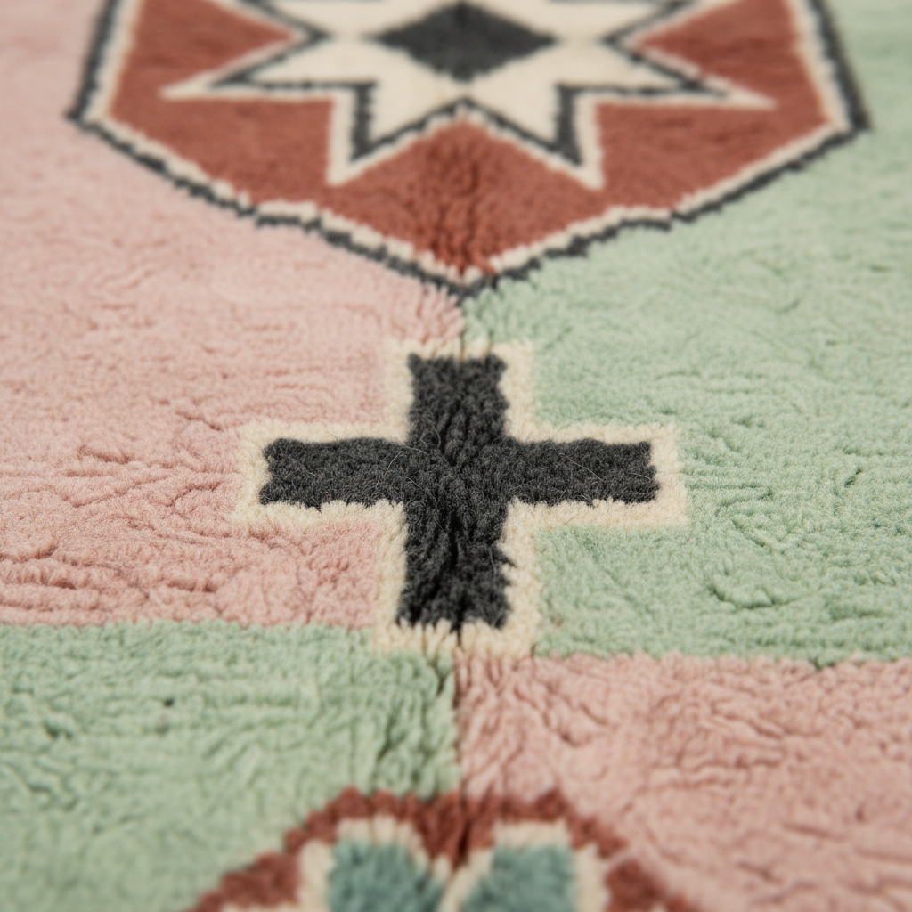 Close-up of a textured, plush area rug with a southwestern geometric pattern in dusty pink, sage green, terracotta, and charcoal gray.
