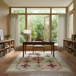 A styled home office interior featuring a rectangular area rug with a Southwestern-style geometric pattern in beige, sage green, and terracotta. The rug is placed on a light wood floor in front of a dark wood writing desk and matching chair, with a large window showing a lush green garden outside.