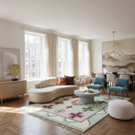 Modern living room with a beige sofa, colorful rug, and blue chairs.