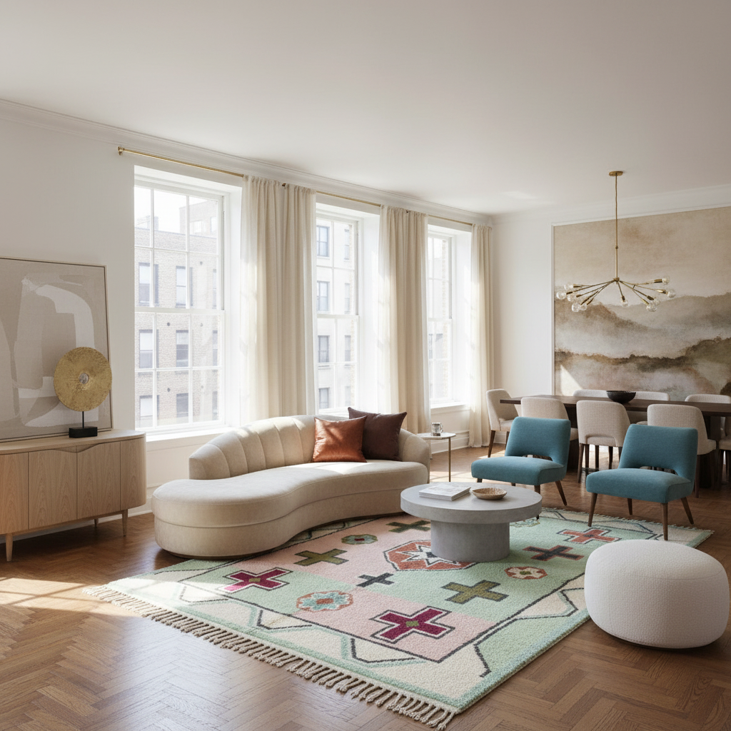 Modern living room with a beige sofa, colorful rug, and blue chairs.