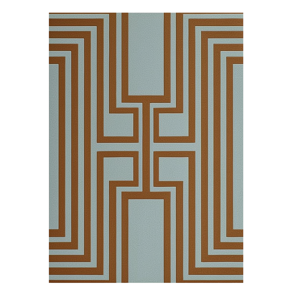 Geometric patterned rug with brown and beige lines on a light blue background