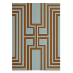 Geometric patterned rug with brown and beige lines on a light blue background