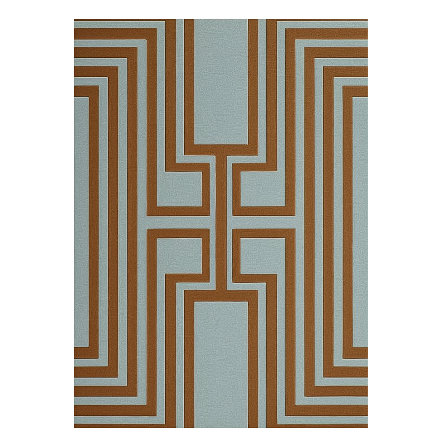Geometric patterned rug with brown and beige lines on a light blue background