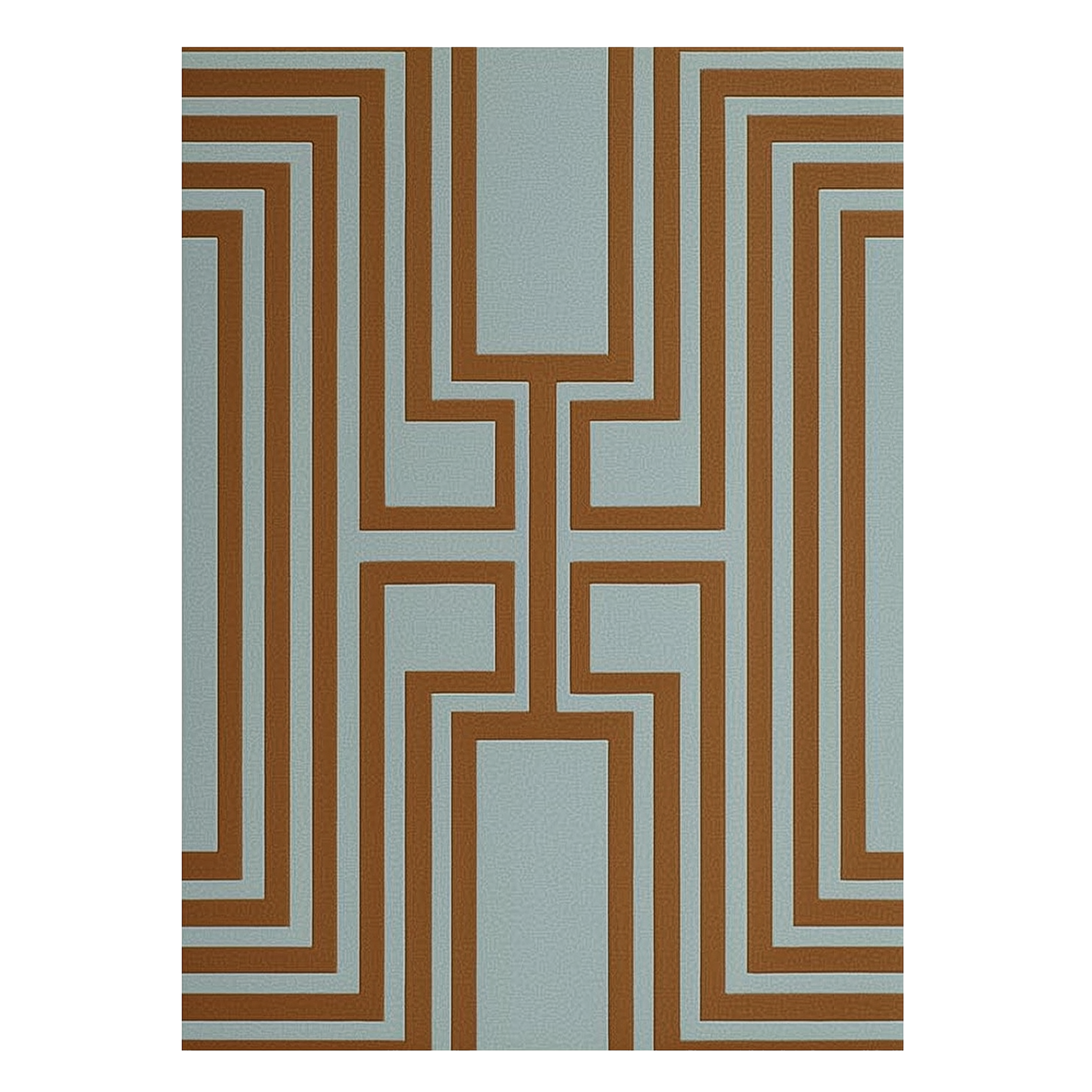 Geometric patterned rug with brown and beige lines on a light blue background