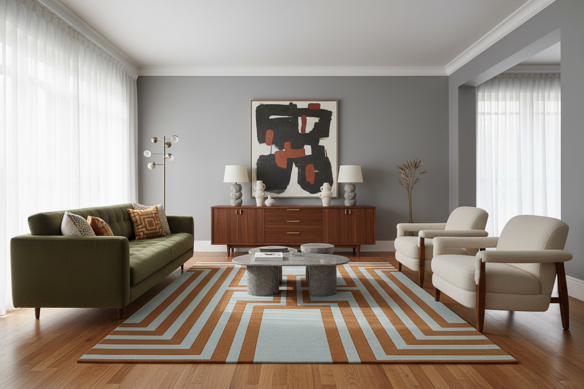 Modern living room with a green sofa, striped rug, and abstract artwork on a gray wall.