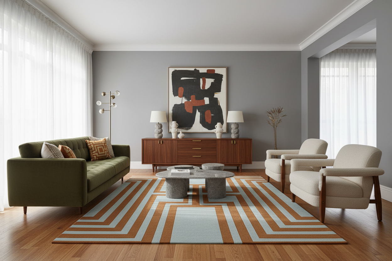 Modern living room with a green sofa, striped rug, and abstract artwork on a gray wall.