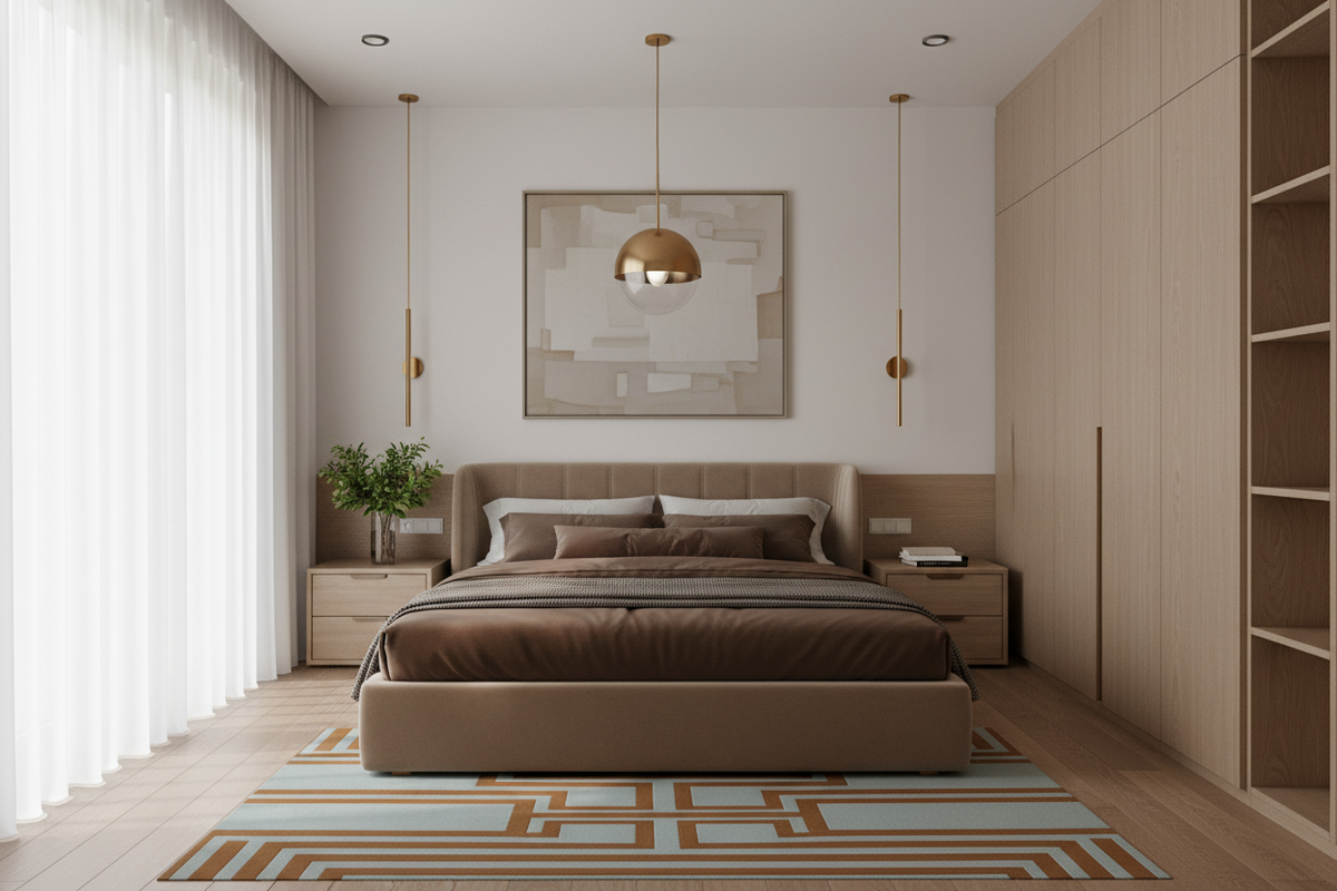 A modern bedroom interior featuring a bed dressed in brown bedding, flanked by matching nightstands and a tall light wood wardrobe. A geometric area rug in beige, brown, and blue lies beneath the bed, and a framed abstract artwork hangs on the wall above the headboard.