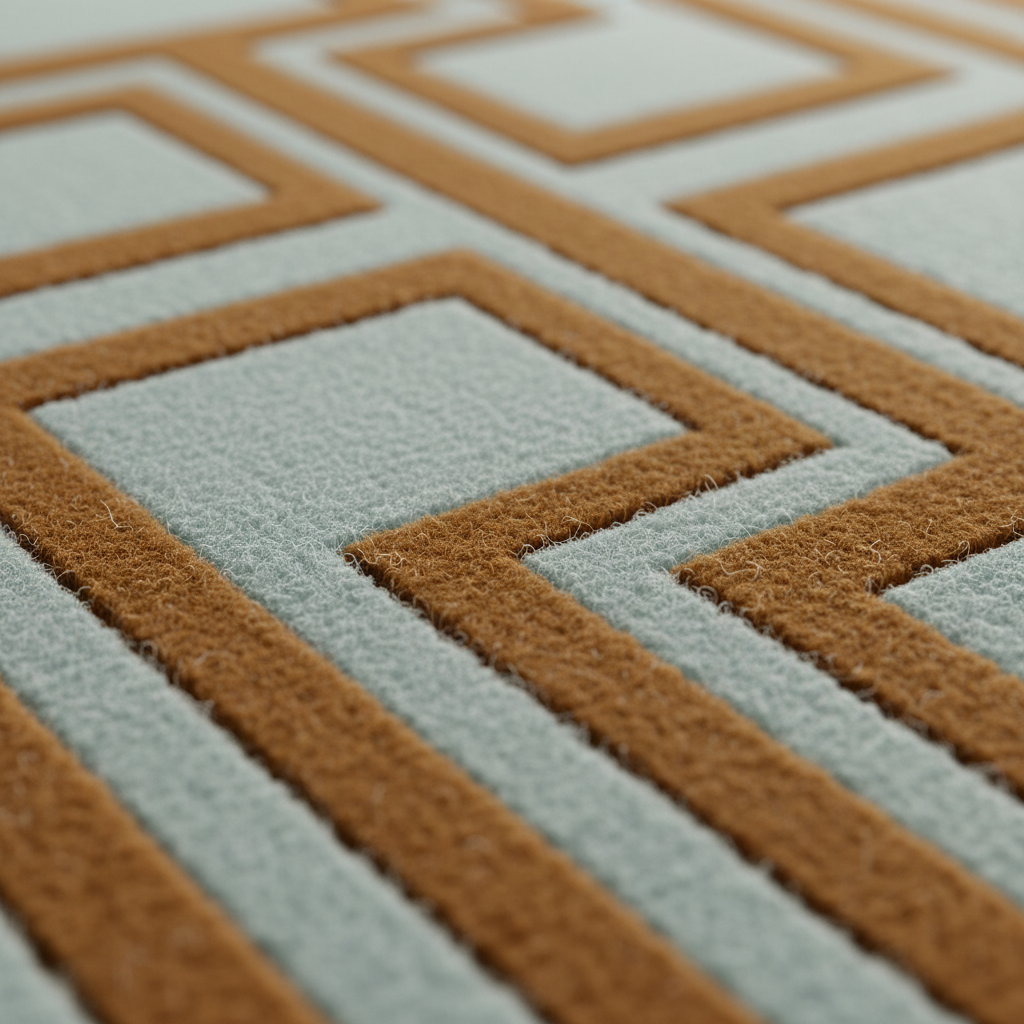 Close-up of a textured area rug with a geometric pattern featuring alternating thick tan-brown raised borders and a pale sage green center.