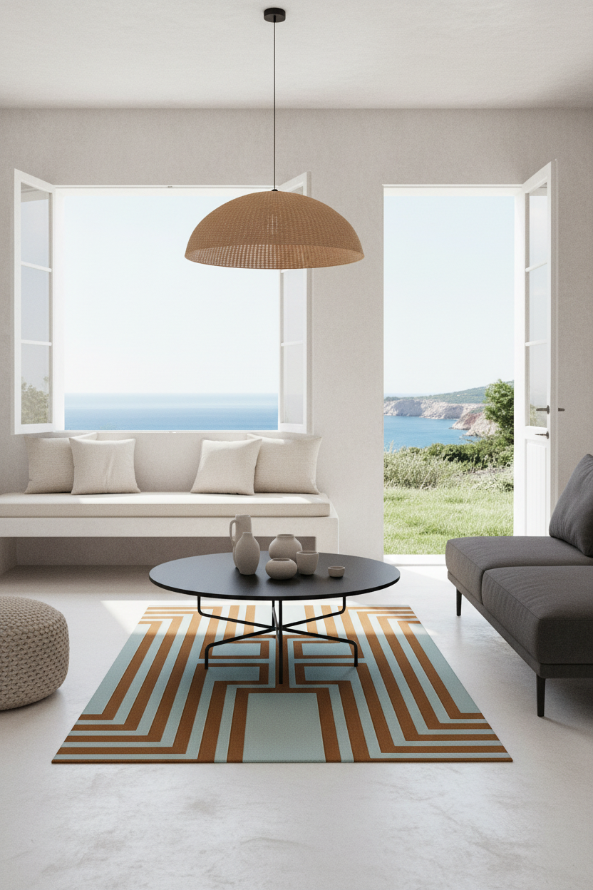 A modern living room interior with a geometric striped area rug in beige, brown, and light blue, featuring a round black coffee table, a white bench, and an open window overlooking the sea.