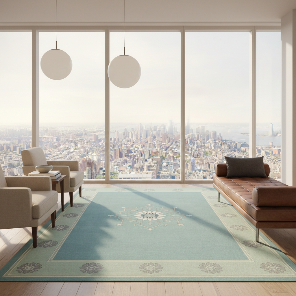 A large rectangular area rug with a central medallion and floral border sits in a modern living room with a panoramic city view. The room includes two beige armchairs, a brown leather chaise lounge, pendant lights, and wood flooring.