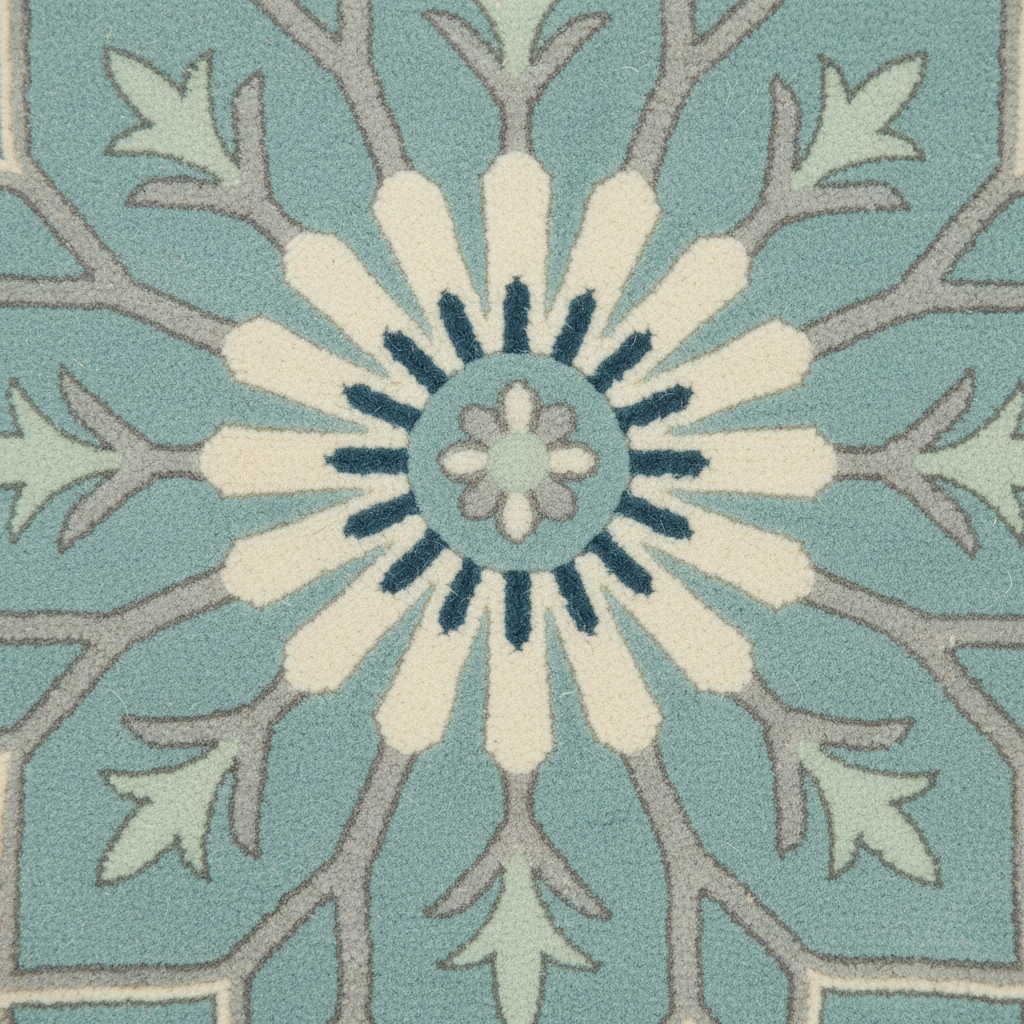 A close-up of a patterned rug featuring a central floral medallion in cream and navy blue, surrounded by a radial design in light blue, sage green, and taupe.
