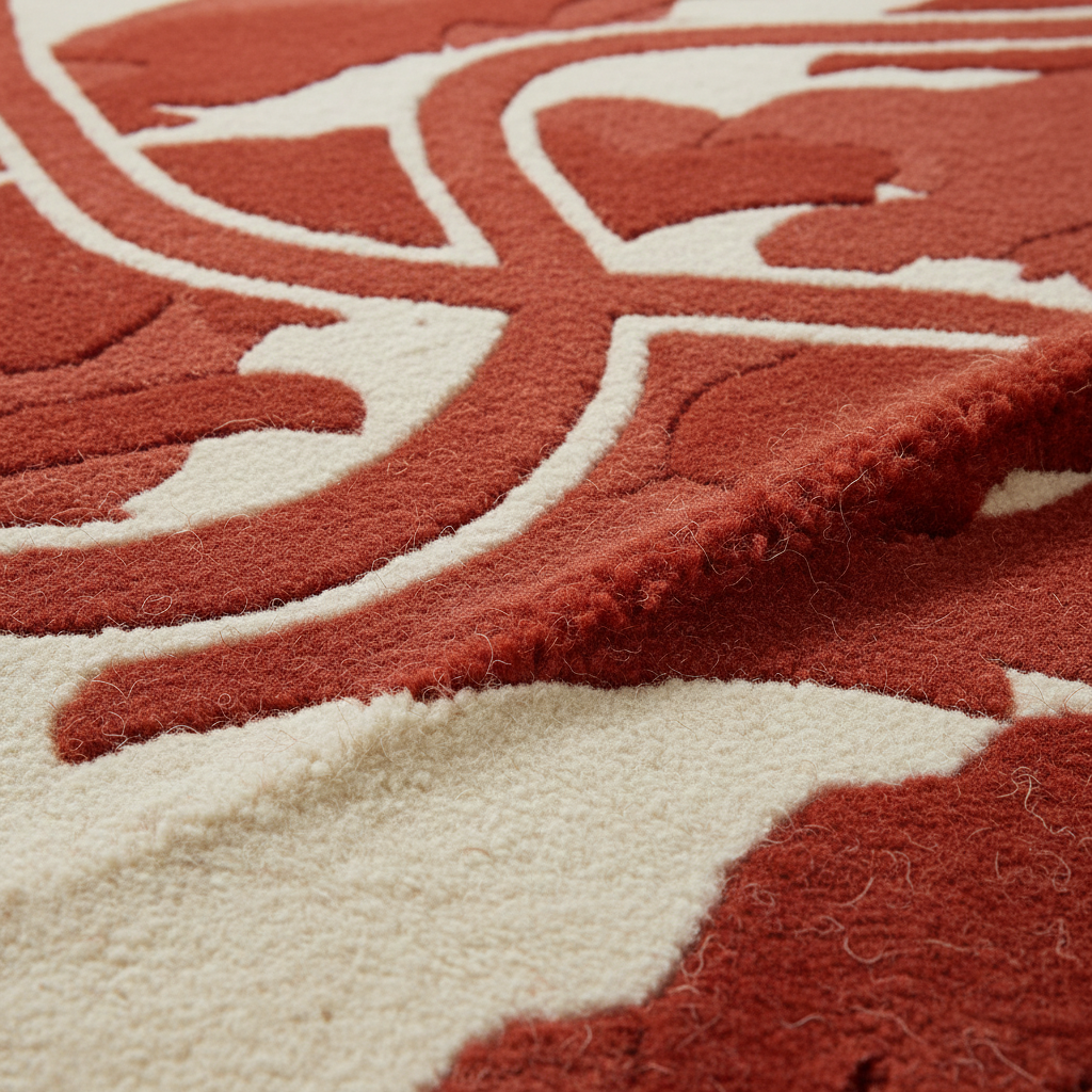 Close-up of a plush area rug with a raised floral or abstract scroll pattern in rust red and warm cream.