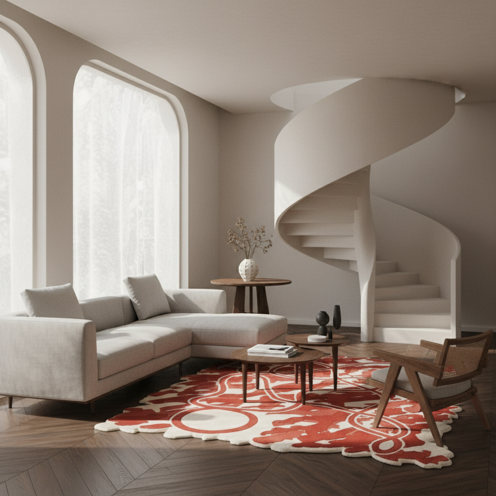 A modern living room with a light beige sectional sofa, a red and cream patterned area rug, a wooden chair, and a white spiral staircase in the background.