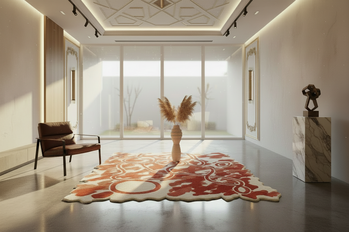 Modern interior with a decorative rug, chair, and vase.