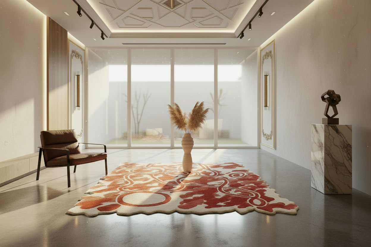 Modern interior with a decorative rug, chair, and vase.