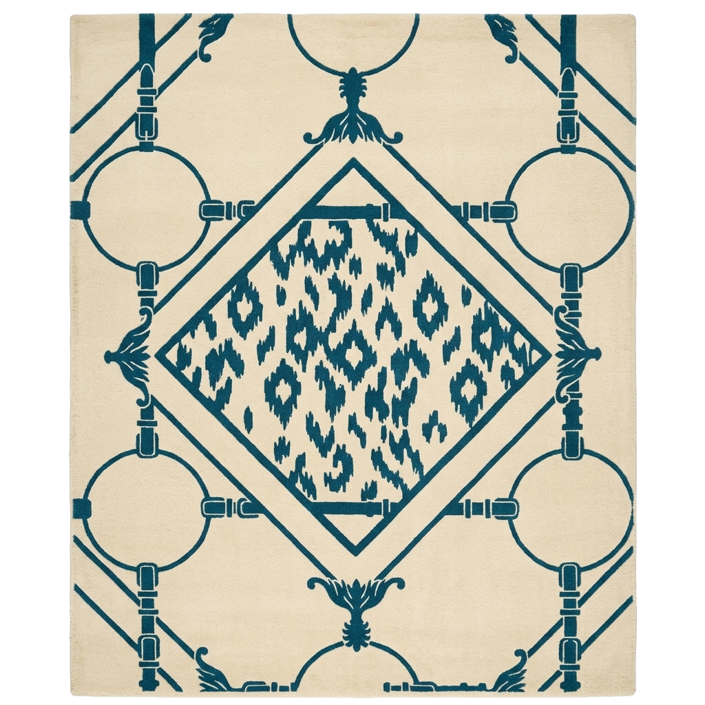 Teal Ikat Lattice Hand Knotted Rug