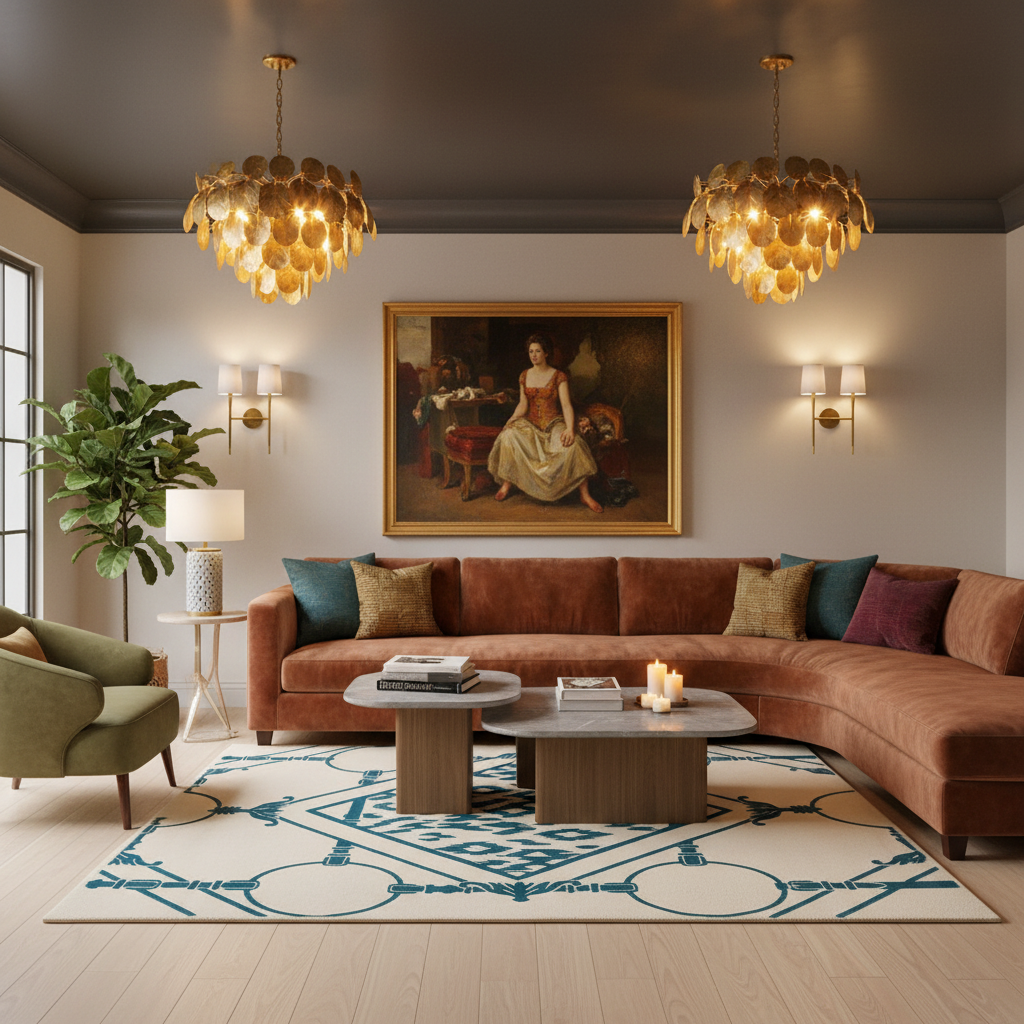 A styled living room featuring a large brown sectional sofa with accent pillows, a patterned cream and teal rug, two gold leaf chandeliers, and a classic oil painting in a gold frame on the wall.