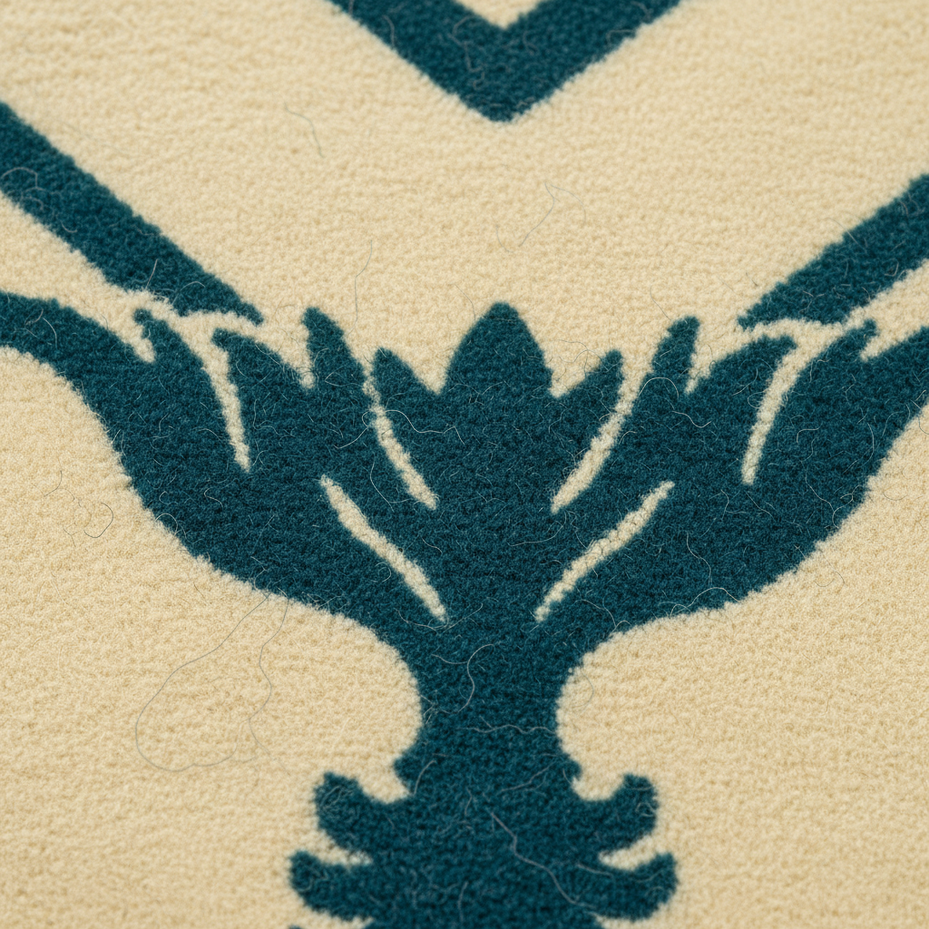Close-up of a textured rug with a dark teal abstract floral or wing-like pattern on a warm cream background.