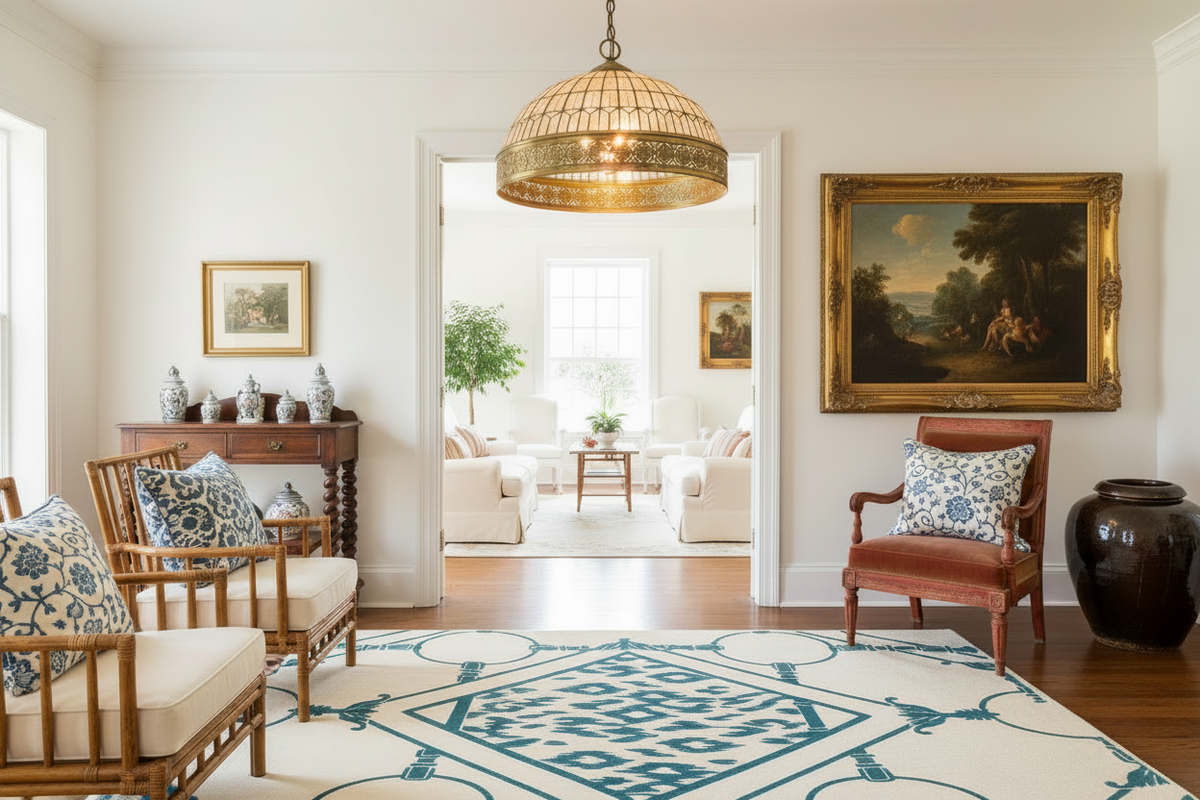 Living room with wooden chairs, patterned rug, and decorative wall art.