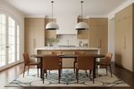 Modern kitchen with wooden dining table and chairs, large rug, and light wood cabinets.