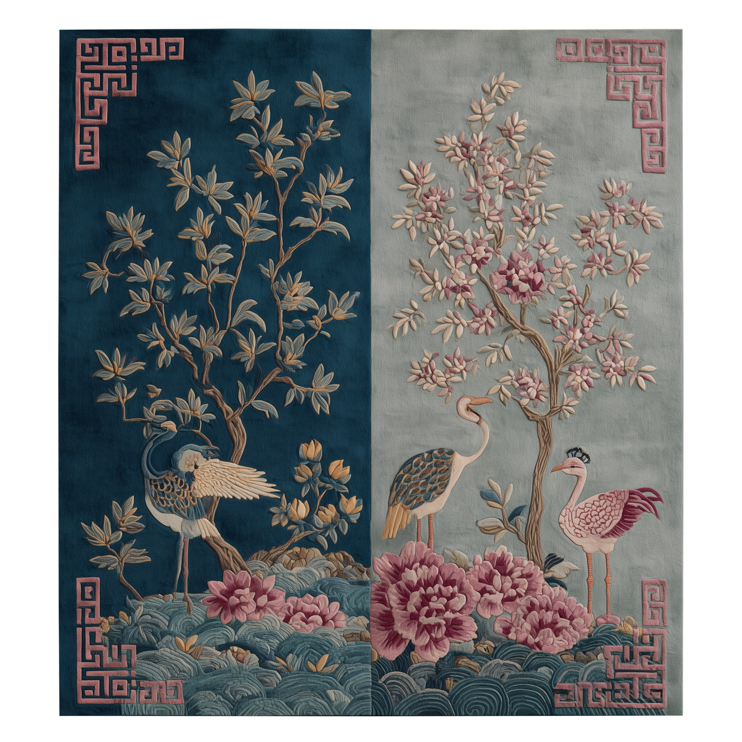Teal Mist Cranes Hand Tufted Viscose Rug 