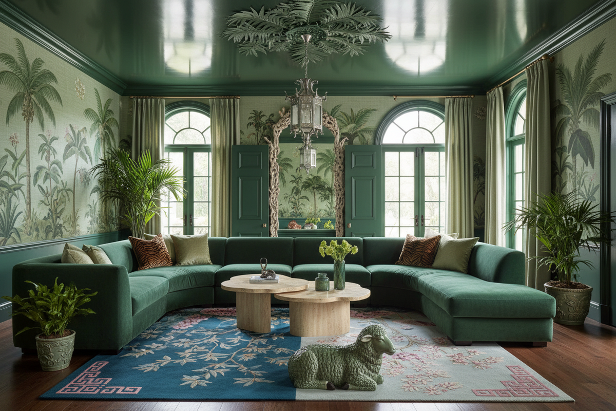 Luxurious living room with green walls, large windows, and a green sectional sofa.