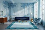 Modern living room with blue scallop decorative rug, and wall mural of trees.