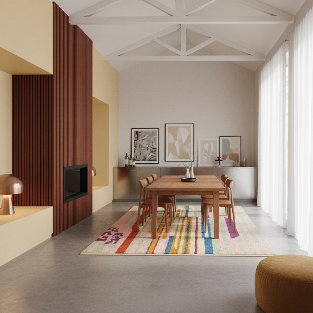 A modern dining room interior with a wooden dining table and chairs placed on a colorful striped area rug. The room has a warm neutral palette with beige walls, white ceiling beams, sheer curtains, and a dark brown slatted accent wall.