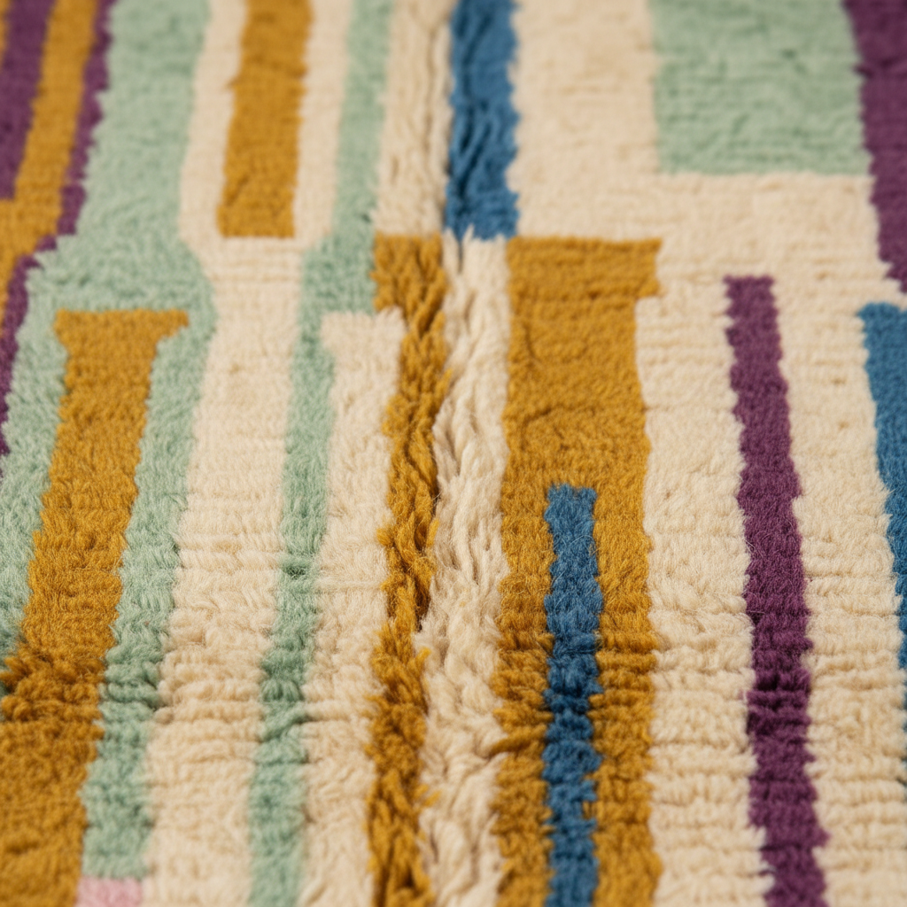 Close-up of a textured rug with a retro geometric pattern in cream, mustard yellow, light green, blue, and purple.