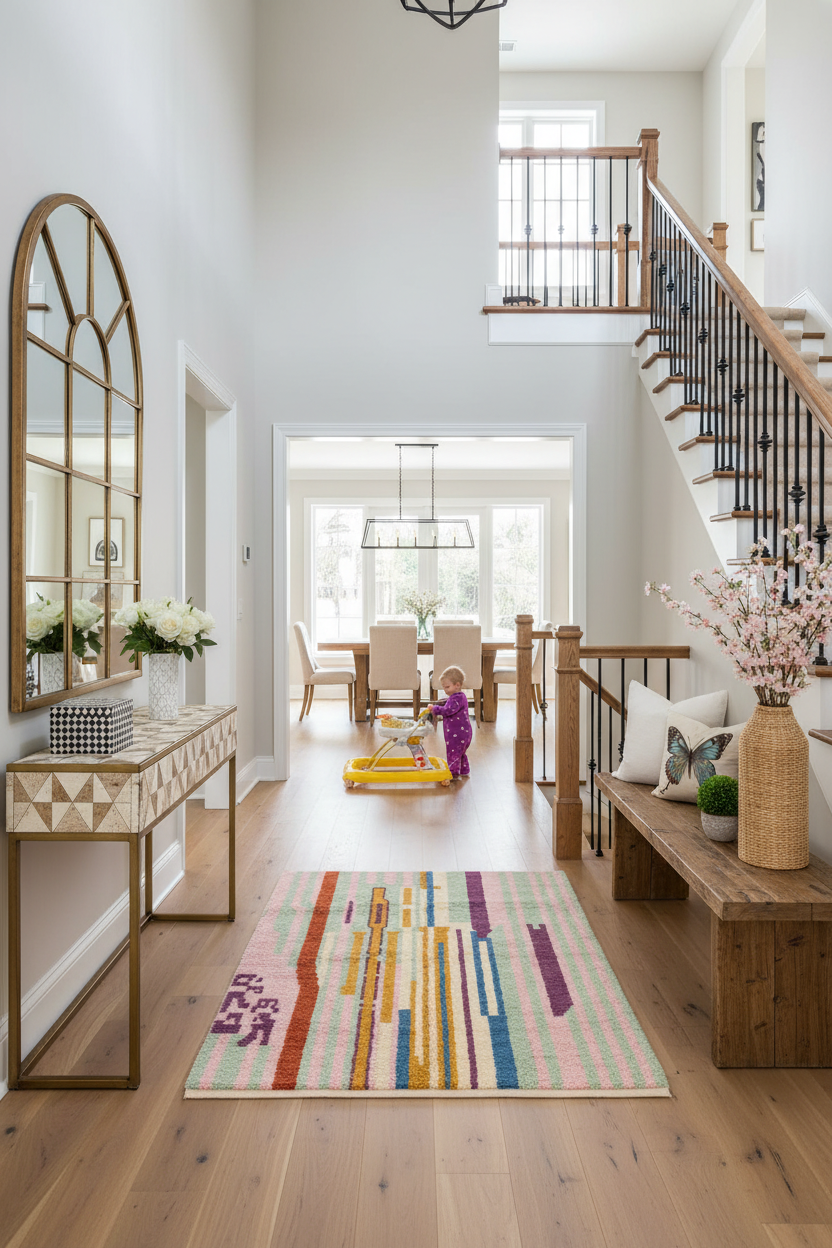 Modern home interior with a child playing on a colorful rug, surrounded by furniture and decor.