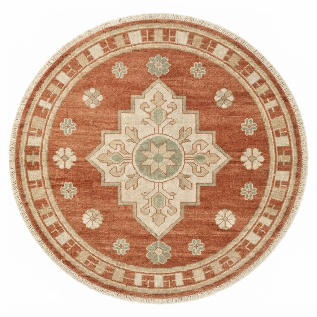 Terracotta Star Medallion Round Hand Knotted Rug - studio photo