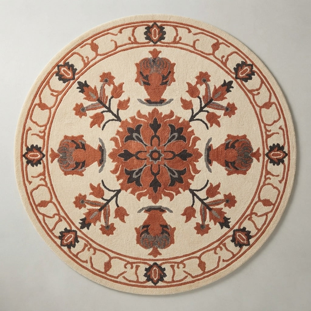 Terracotta Urn Parade Round Hand Tufted Wool Rug - studio photo