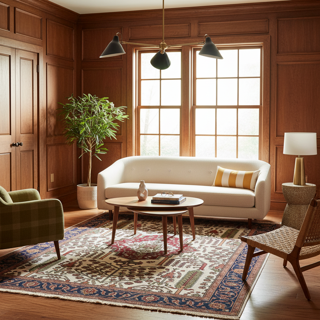 A beautifully styled living room featuring a cream-colored curved sofa, a patterned area rug, a wooden coffee table, a green plaid armchair, and warm wood-paneled walls.