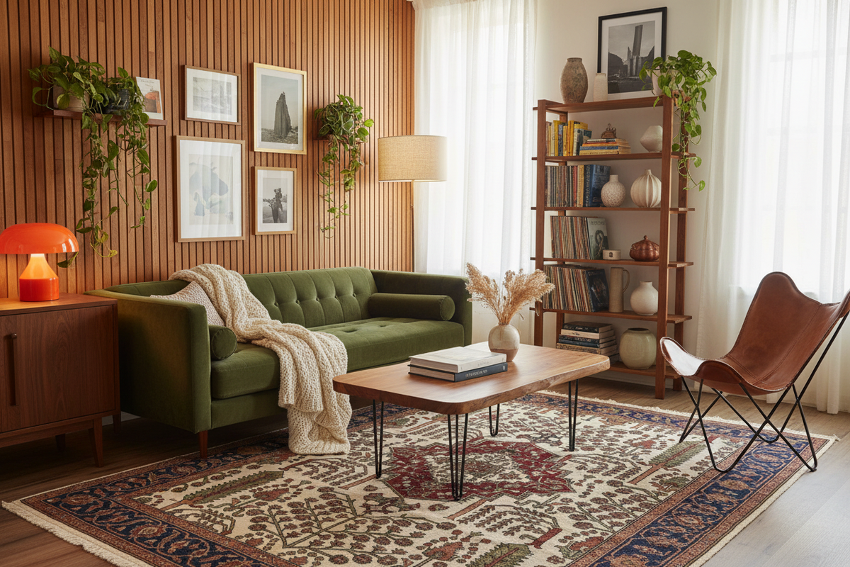 A styled living room interior featuring a green tufted sofa, a wooden coffee table, a patterned area rug, a brown leather butterfly chair, a tall wooden bookshelf, and a wood-paneled wall with framed art and hanging plants.