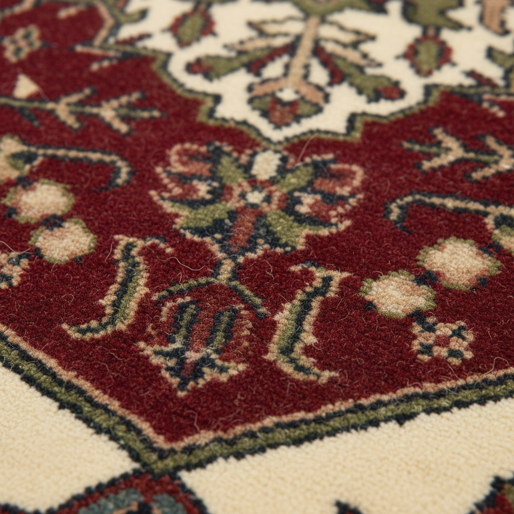 Close-up of a patterned area rug with a deep red field, cream background sections, and green and navy floral motifs.