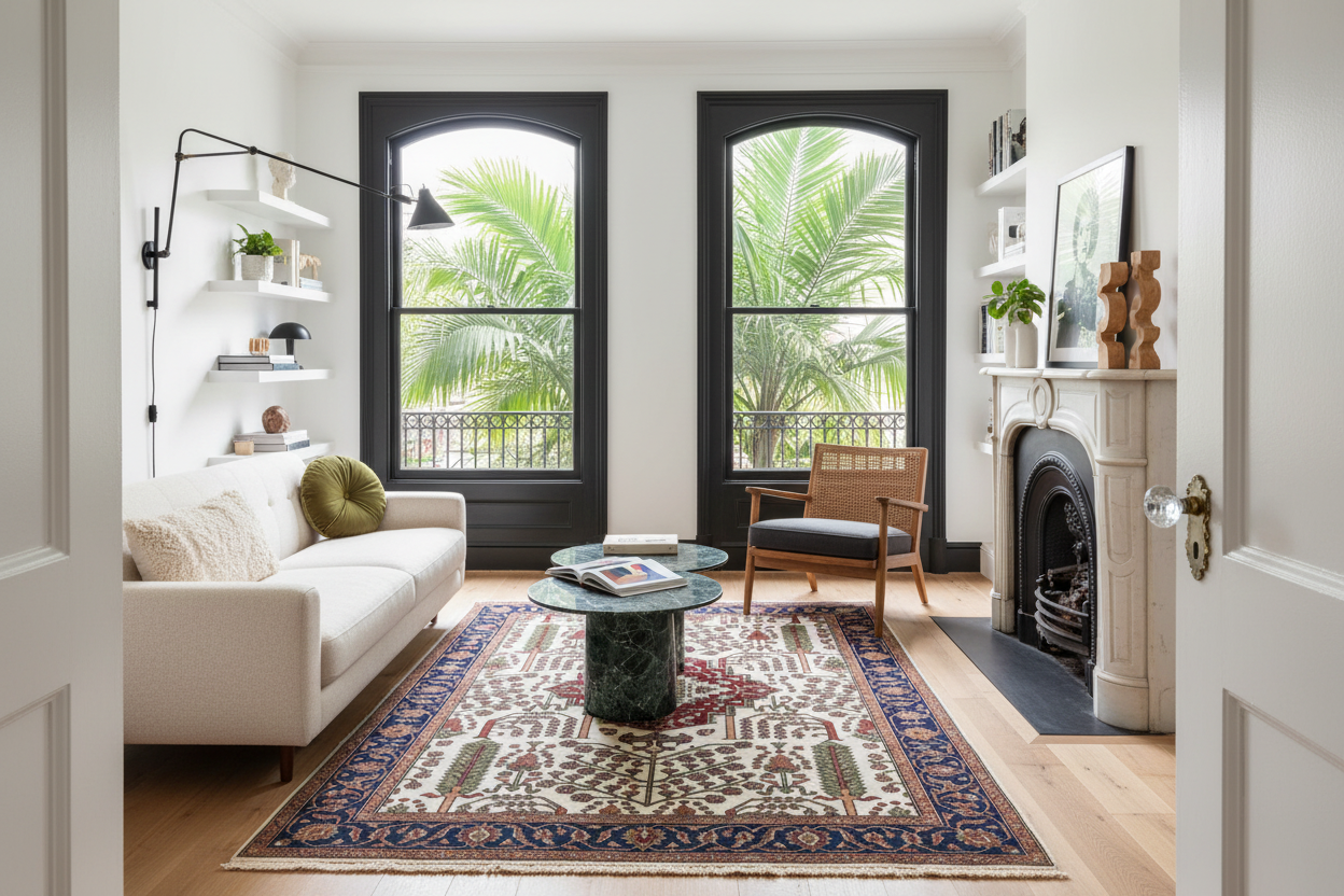 Living room with a white sofa, coffee table, and decorative rug.
