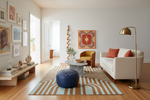 Modern living room with a white sofa, blue pouf, and colorful rug.