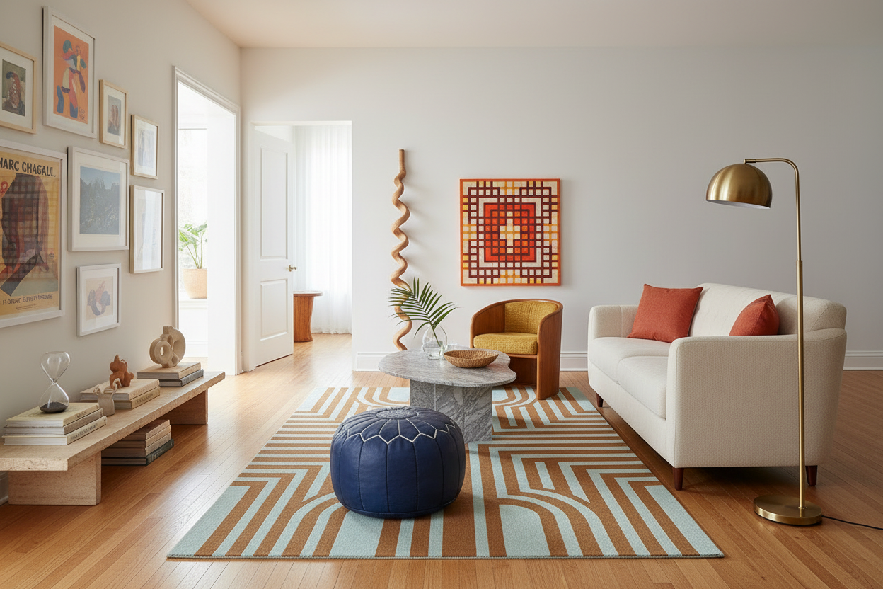 Modern living room with a white sofa, blue pouf, and colorful rug.