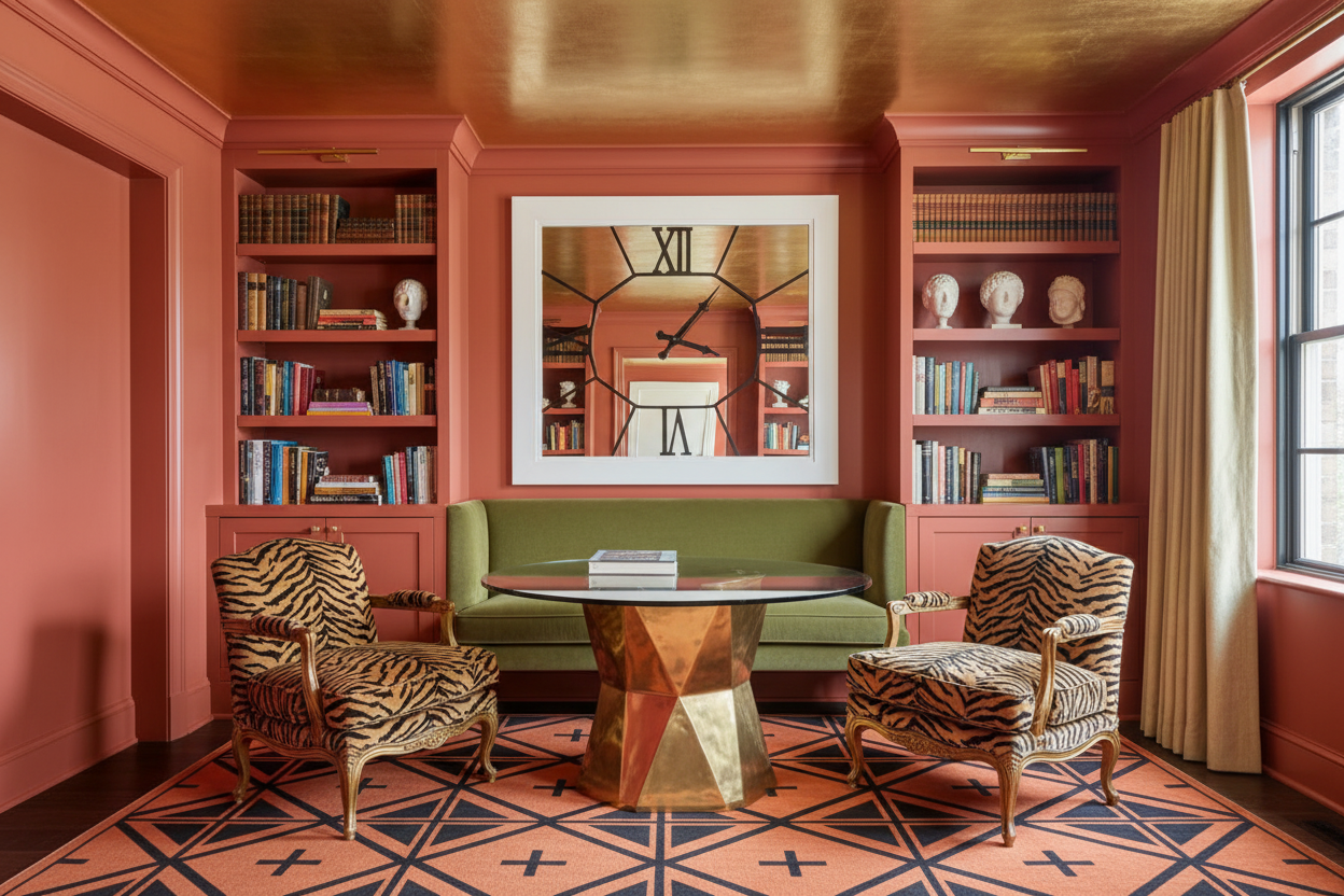 Decorative interior with bookshelves, a round table, and patterned knotted rug.