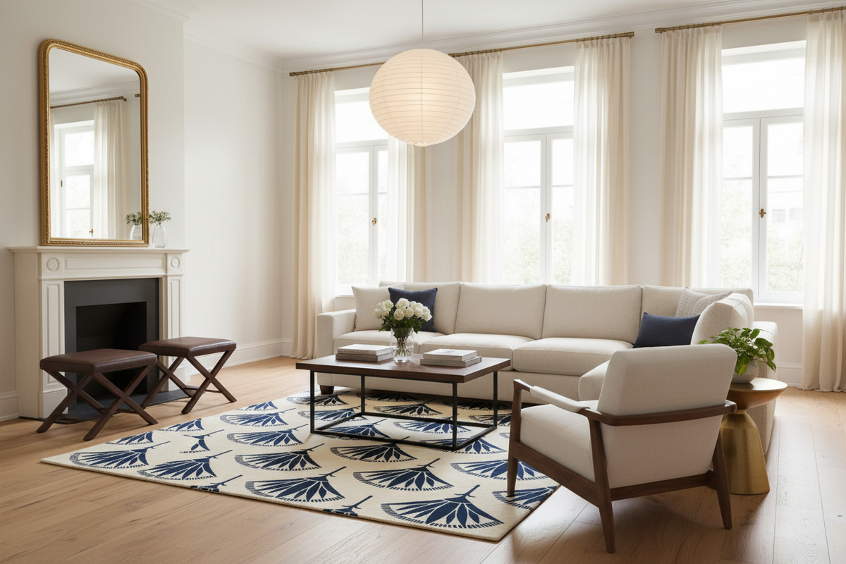 A styled living room featuring a cream sectional sofa, a matching armchair, a patterned blue and cream rug, a black coffee table, and a white paper lantern pendant light hanging from the ceiling.