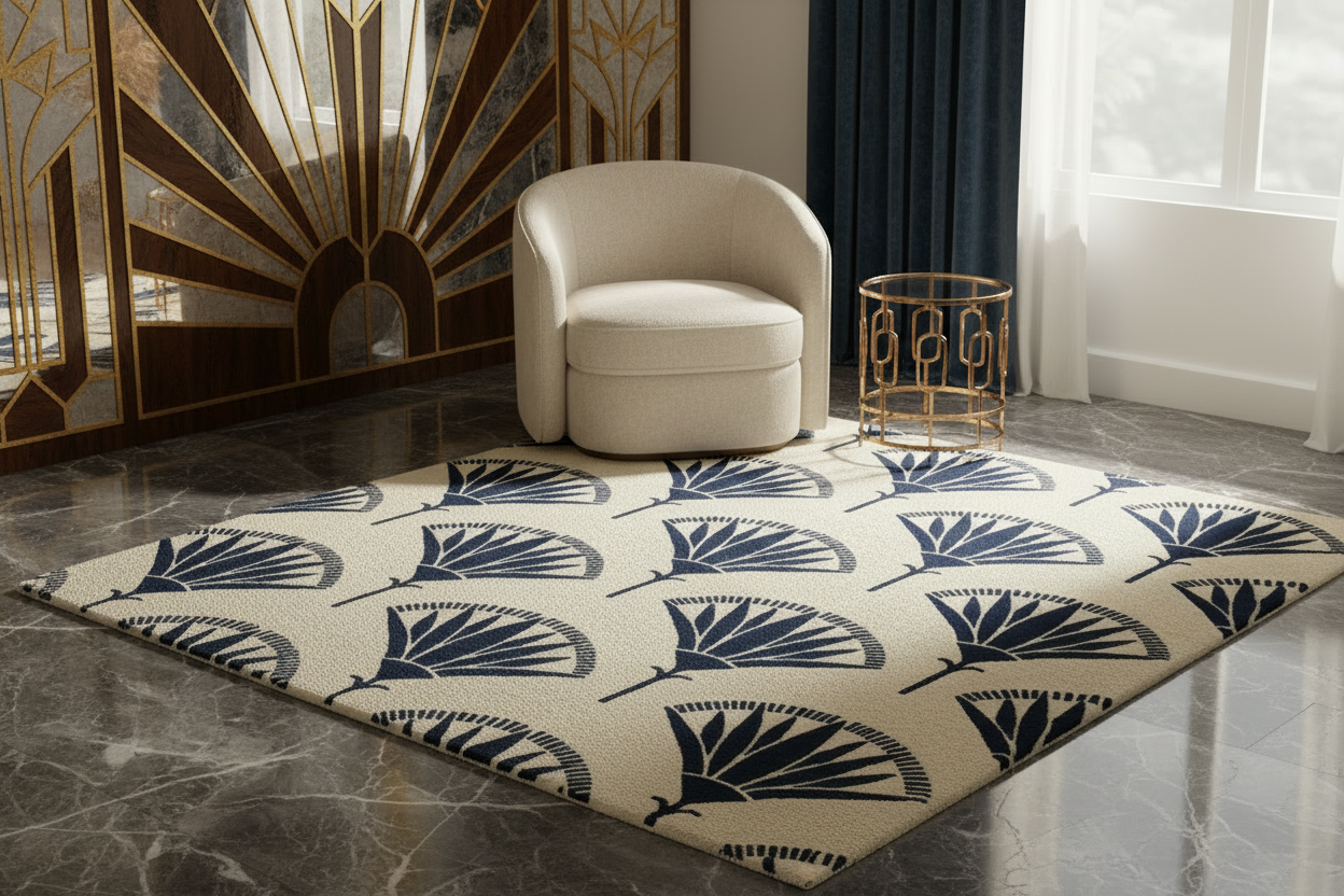 Decorative fan rug with leaf pattern in a room with a chair and wall art.