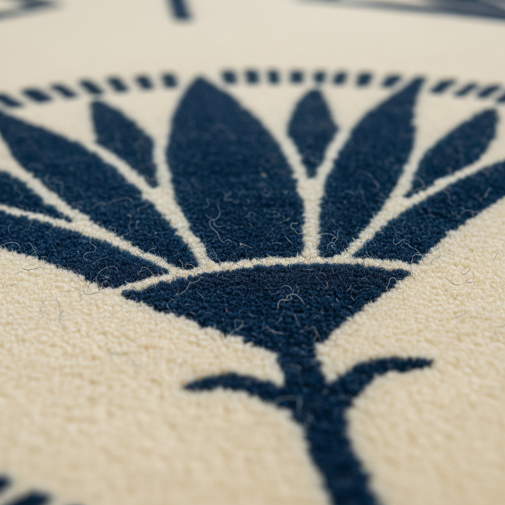 Close-up of a textured rug featuring a dark navy blue stylized sunburst or floral motif on a warm cream background.