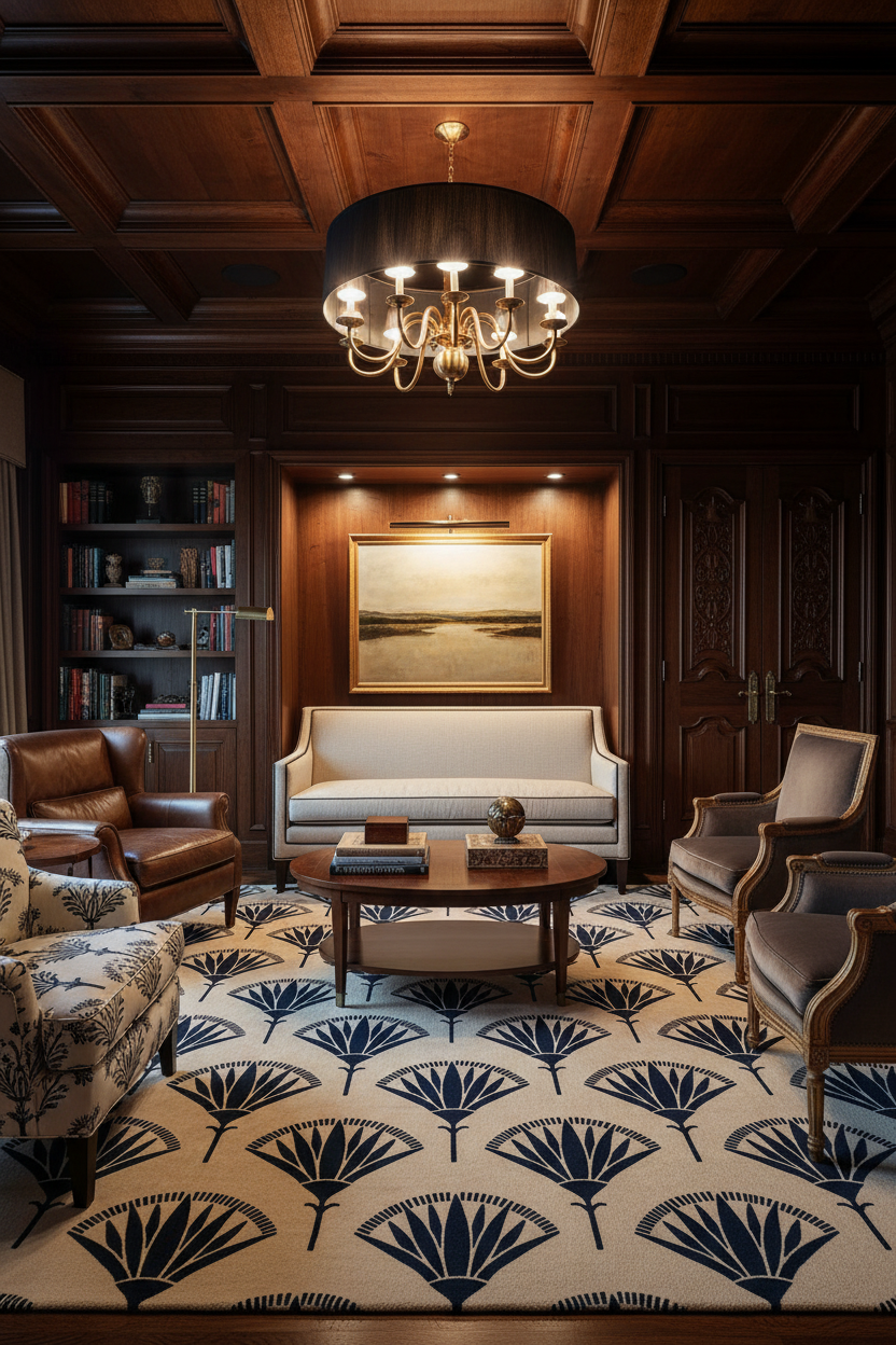 A luxury living room featuring a large cream and navy blue fan-patterned area rug, a dark wood coffered ceiling, a black drum chandelier, and a central cream sofa with a framed landscape painting above it.